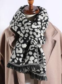 1 件女士休闲黑白/卡其色豹纹动物图案流苏保暖围巾，适合约会、日常穿着、购物、聚会、度假 - 彩色 - 查看 3