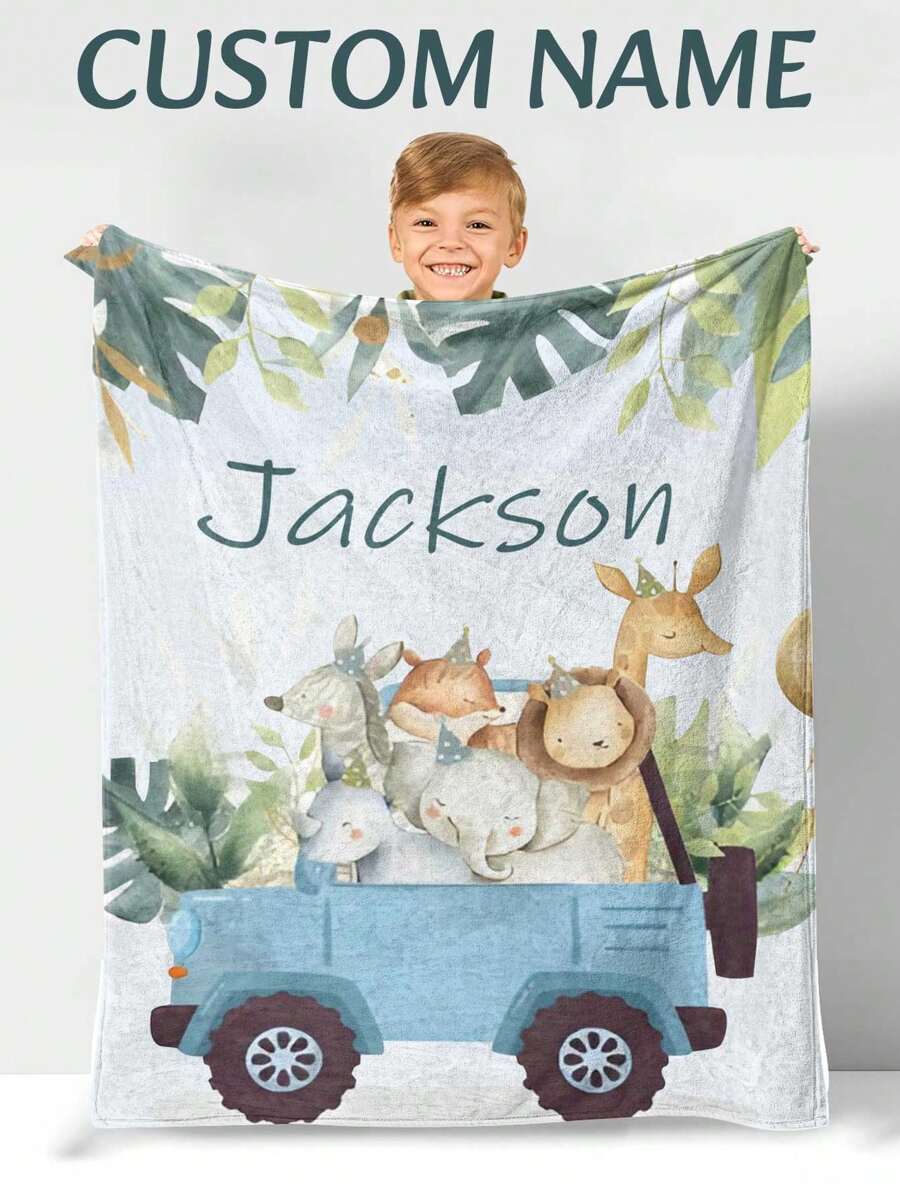 1pc Customized Name & Cartoon Animal Pattern Personalized Fleece Blanket Gift, Suitable For Girls And Boys Winter Eve Gifts Back To School Winter Gift Ideas Boy Girl Valentine's Day - Multicolor - View 1