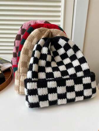 1pc Unisex Autumn/Winter Thick Double-Layer Checkerboard Knitted Hat, Versatile Loose Fit Large Head Circumference Makes Faces Look Smaller, Outdoor Warm Couple Cap, Elastic Beanies