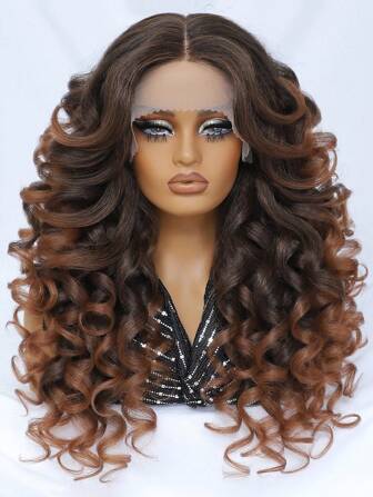 24 英寸高清蕾丝前假发 13x5X1.5 卷发假发 女士 T 型假发 合成发无胶蕾丝假发 180% 密度预拔女性蕾丝假发 耐热纤维