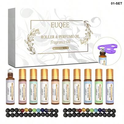  EUQEE 10件装香氛精油礼盒套装，包含10毫升/0.33液盎司滚珠香氛精油、扩香手链，男女皆宜，适用于香薰疗法、扩香器和手工皂制作。