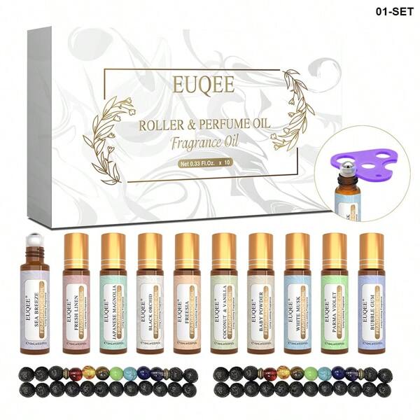 EUQEE Juego de regalo de 10 piezas de aceites aromáticos EUQEE, colección de aceites perfumados en roll-on de 10ml/0.33fl.Oz con pulseras difusoras para hombres y mujeres, aromaterapia, difusor, elaboración de jabones