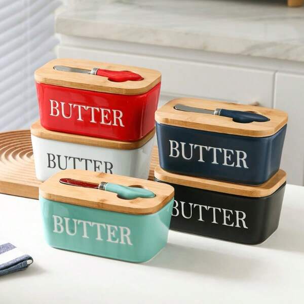 1 pezzo Set Piatto per Burro in Ceramica con Coperchio in Bambù e Coltello - Contenitore per il Burro Ermetico con Guarnizione in Silicone per Piano Cucina e Frigorifero - Ideale per Cottura e Regalo