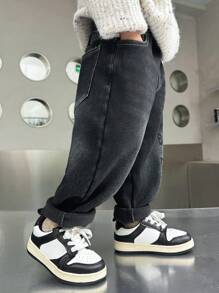 Pantaloni di jeans casual con vita elastica e fodera termica per ragazzi, adatti per l'autunno e l'inverno