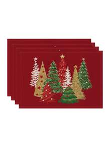 1 pièce/4 pièces/6 pièces Set de sets de table en lin de Noël avec des motifs de fête comme le sapin de Noël, le houx, le flocon de neige. Dessous de plat durables pour la table à manger, convenant pour la maison, le restaurant, la décoration de Noël