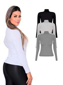 Kit 3 Blusas Femininas Manga Longa Gola Alta Viscolycra