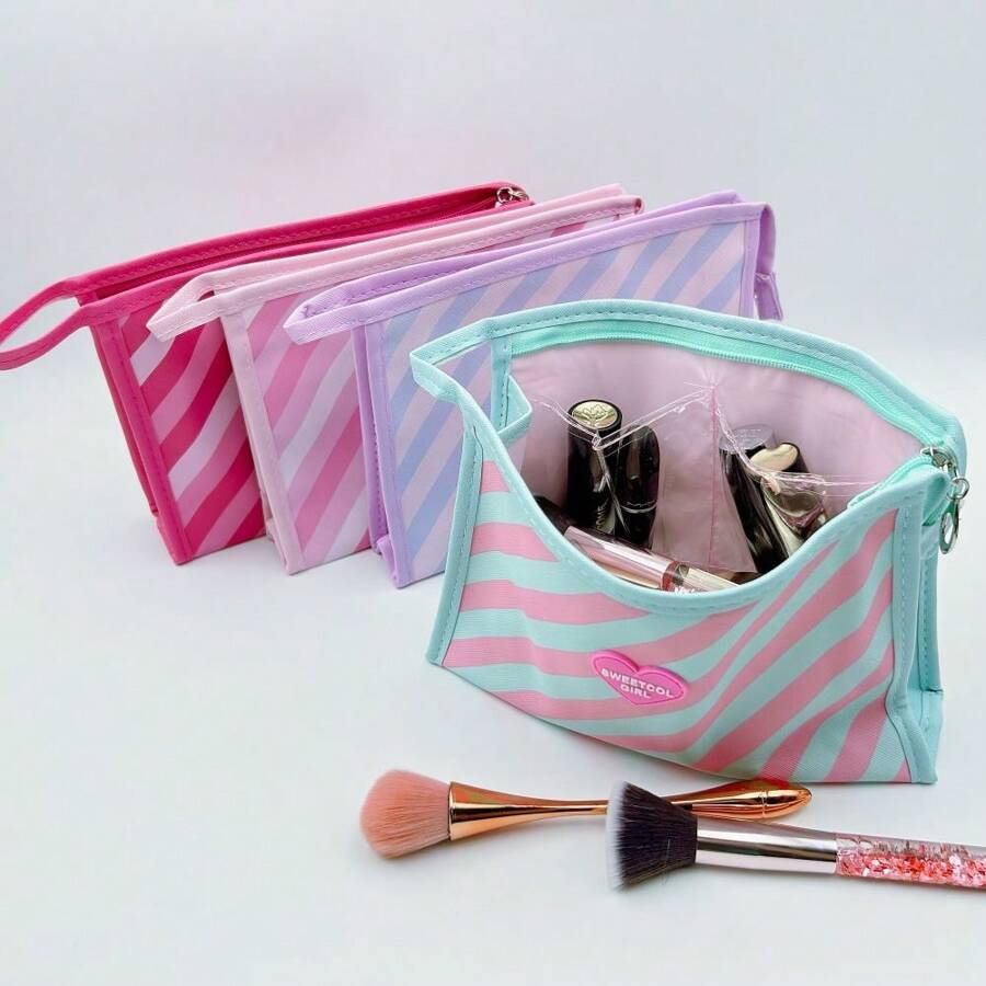1pc Minimalist Striped Portable Travel Cosmetic Bag, Convenient Handheld Makeup Organizer, Elegant Skincare Storage Pouch - Multicolor - View 1