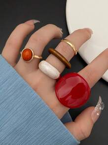 5pcs Retro Style Large Red Resin Knuckle Rings Set - Multicolor - View 1