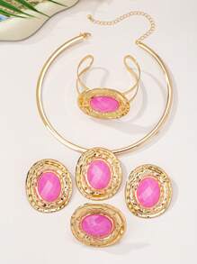 1 件/套 2025 新款欧美夸张个性金属网菱形仿珍珠戒指耳环手链项链套装，小众高端优雅百搭珠宝套装，适合女士、派对和日常佩戴，礼物 - 首飾套裝 - 查看 6