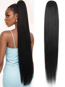 36 英寸合成长直自然合成发黑色马尾辫带抽绳，适合女性日常、派对或活动穿着 - 彩色 - 查看 3