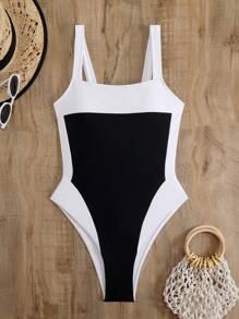 Colorblock One-Piece Swimsuit, For Summer Beach Vacation - Black and White - View 3
