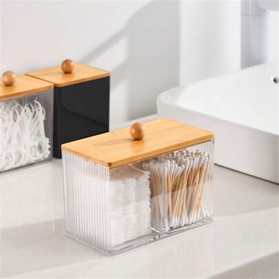 1 个波浪图案方形收纳盒，桌面隔层收纳盒，带竹盖，防尘，透明，用于垫子、清洁棉签、个人物品、小物件
