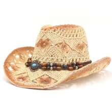 Cowboy Hat Creative Curled Straw Hollow Design  Beads Chain Decoration Shade Straw Hat - Beige - Ver 2