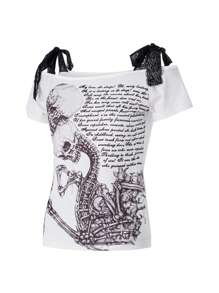 Women Fashion Wild Gothic T-Shirts Skull Letter Print Off-Shoulder Boat-Neck Short Sleeve Tops Summer Slim Fit Streetwear - Xám - Xem 2