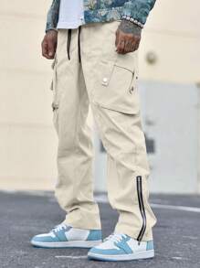男士时尚休闲百搭大口袋抽绳直筒拉链阔腿工装裤 - 米色 - 查看 1