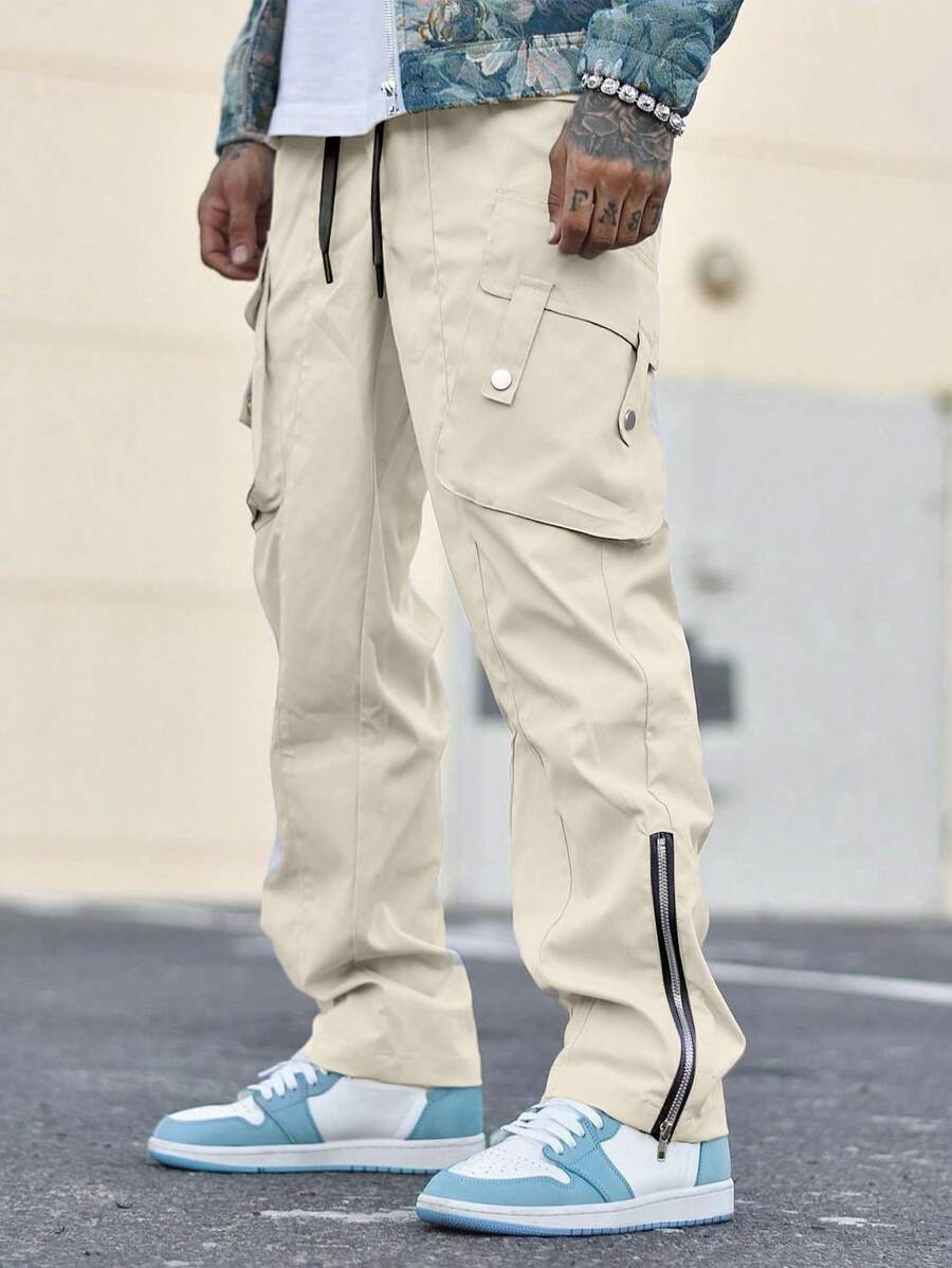 男士时尚休闲百搭大口袋抽绳直筒拉链阔腿工装裤 - 米色 - 查看 1
