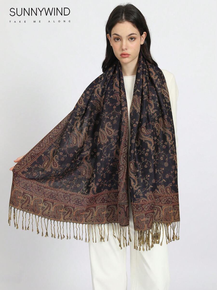 1pc Paisley Jacquard Classic Scarf, Suitable For All Seasons - Navy Blue - View 1