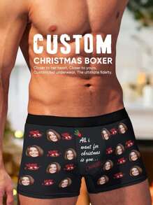 1pc Custom Christmas Face Boxers For Men, Personalized Photo Underwear, Custom Face Boxer Briefs Personalized Boxers For Husband Custom Face Underwear - Black - View 2