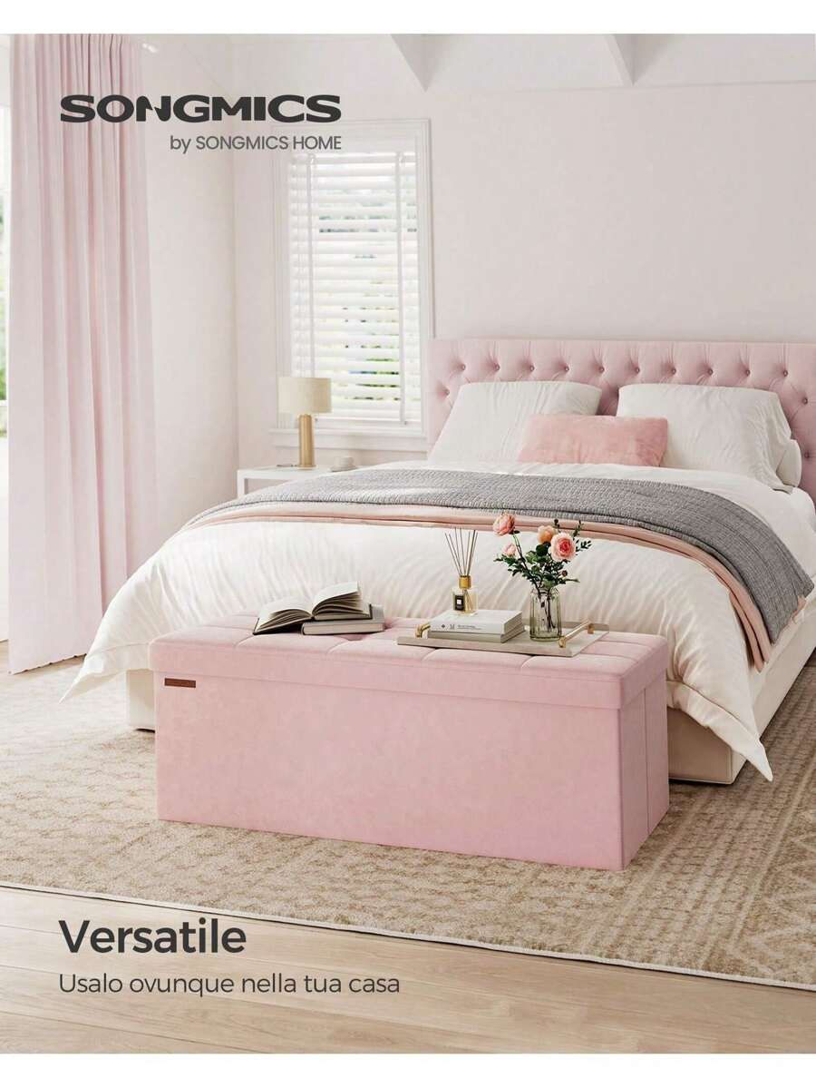 SONGMICS Cassapanca, Pouf Contenitore, Poggiapiedi Pieghevole da 38 x 110 x 38 cm, Ottomano, Regge f*ino a 300 kg, per Soggiorno, Camera da Letto, Entrata, Nero Inchiostro/Rosa Pastello/Grigio Tortora/Bianco Crema/Grigio Ardesia