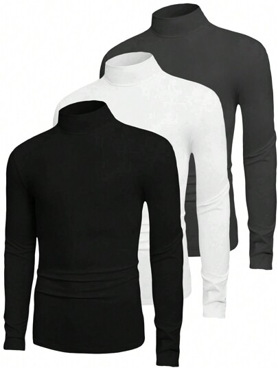 3pcs/Set Men Solid Color Casual Turtleneck Long Sleeve T-Shirts, Autumn Tees, Fall Clothes