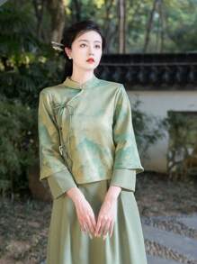 秋季中国风优雅绿色山水印花编织二合一绒面革适合农历新年、日常、街头、通勤、居家等场合穿的汉服上衣（仅限上衣） - 綠色 - 查看 11