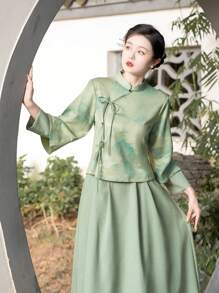 秋季中国风优雅绿色山水印花编织二合一绒面革适合农历新年、日常、街头、通勤、居家等场合穿的汉服上衣（仅限上衣） - 綠色 - 查看 12