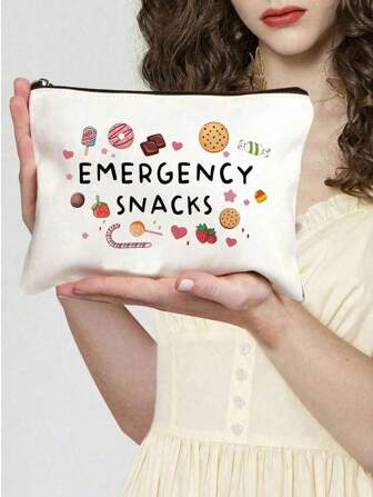 1pc "Emergency Snacks" Letter Printed Storage Bag, Christmas Gift For Mom, Teacher, Friend, Nurse, Cosmetic Bag, Gift Bag For Female Friends, Travel Souvenirs, Birthday, Women'S Day, Party, Bridesmaid Cosmetic Storage Bag, Toiletry Bag, Storage Bag, Cosmetic Bag, Cosmetic Storage Bag, Makeup Tools, Travel Gift Makeup Bag Makeup Bags Makeup Organizer Make Up Organizer Makeup Storage
