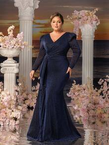 Faeriesty Mosy Plus Glitter Surplice Neck Ruffle Trim Mother Of The Bride Dress - Navy Blue - View 7