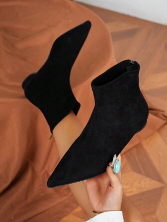 Botas cortas y botines para mujer de otoño/invierno, negros, de moda, cómodos, con tacón grueso, puntera puntiaguda, tacón bajo, cremallera trasera, cálidos para uso diario, casual, de fiesta, sexy, de punto elástico, botas para mujer