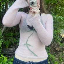 Women's Casual Floral Print Knitted Crop Tops Long Sleeve Boat Neck Slim Fit T-Shirts Sheer Sweaters,See-Through Blouse Jumpers Clothes Sweater Type For Y2K Aesthetic Layering Spring Summer - Màu tím  Violet - Xem 2