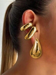 4 件时尚泪珠耳环和 C 形无穿孔耳环套装，适合全年日常佩戴 - 耳環套裝 - 查看 3