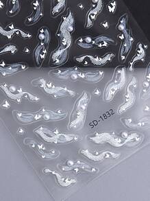 5D 白色蕾丝蝴蝶仿珍珠指甲贴纸 2 件优雅飘带不对称条纹线指甲饰品设计 DIY Y2K 风格自粘凝胶抛光贴花滑块美甲装饰 - 白色 - 查看 4