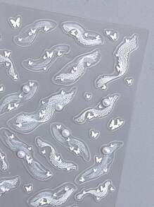 5D 白色蕾丝蝴蝶仿珍珠指甲贴纸 2 件优雅飘带不对称条纹线指甲饰品设计 DIY Y2K 风格自粘凝胶抛光贴花滑块美甲装饰 - 白色 - 查看 5