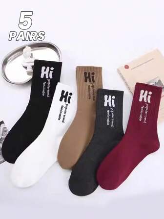 5 双/包 女士春秋冬复古风格字母图案简约时尚百搭中筒袜