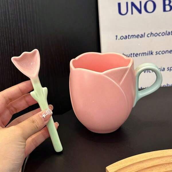 Taza de café/taza de 350 ml con diseño de tulipán en cerámica de alto valor estético, acabado mate exquisito, incluye cuchara con diseño de tulipán, perfecto para la vuelta al colegio