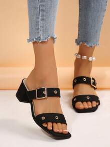 Giày cao gót đế vuông đế xuồng màu trơn cỡ lớn cho nữ, trang trí nút, thời trang dự tiệc/thường ngày, vải đen, xuân/hè - màu đen - Xem 3