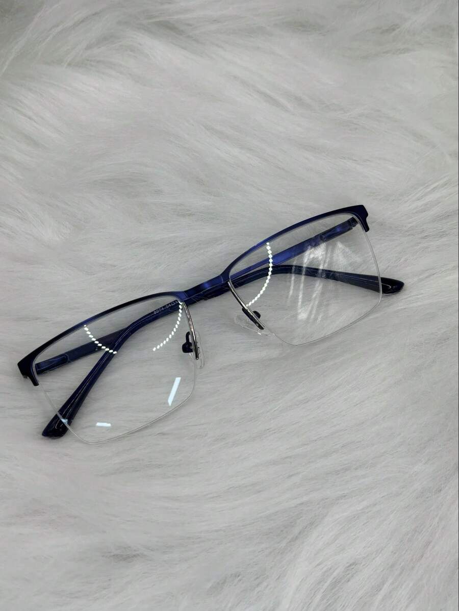 Men's Prescription Glasses Frame Nylon Thread Half Rim Metal Square Classic - Blue - View 1
