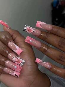 24 件/套水滴形假指甲 3D 波浪可爱珍珠花和黑白条纹渐变适合所有女性和女孩，包括指甲锉和凝胶胶，方便使用 - 珊瑚粉 - 查看 1