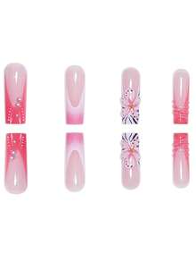 24 件/套水滴形假指甲 3D 波浪可爱珍珠花和黑白条纹渐变适合所有女性和女孩，包括指甲锉和凝胶胶，方便使用 - 珊瑚粉 - 查看 4