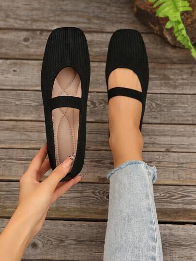 Bailarinas de tipo Mary Jane tejidas, zapatos casuales con correa y punta cuadrada tejida para mujer, para primavera/verano