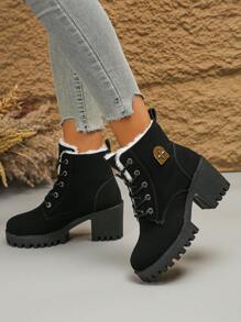 2024 Herbst/Winter Neue Stiefel mit dicker Sohle für Frauen, wasserdichte Plateau-Schnürstiefel mit hohem Absatz, Große Größen - Schwarz - Übersicht 2