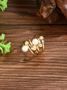 1pc Fashionable, Sexy, Elegant Vintage Globe Hurricane Spherical 18K Gold-Plated Metal Ring Face, Open Ring. Also Available: Vintage Closed Loop Floral Gemstone Ring, Hip Hop Lion Head Closed Ring, Delicate Glass Crystal Designs, Suitable For Women's Daily Wear And Gifting - Gold + White - View 3