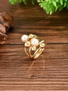1pc Fashionable, Sexy, Elegant Vintage Globe Hurricane Spherical 18K Gold-Plated Metal Ring Face, Open Ring. Also Available: Vintage Closed Loop Floral Gemstone Ring, Hip Hop Lion Head Closed Ring, Delicate Glass Crystal Designs, Suitable For Women's Daily Wear And Gifting - Gold + White - View 2