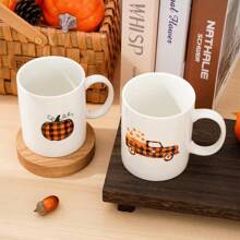 2Pcs Autumn Pumpkin Truck Mug Set 12oz Buffalo Plaid Fall Coffee Mug Ceramic Couple Cups Autumn Harvest Party Cups For Thanksgiving Home School Office Table Centerpieces Autumn Tea Cup Thanksgiving Decor Useful Gifts For Her