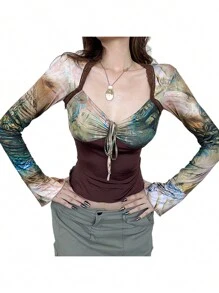Women's Y2K Long Sleeve Crop Tops Sweetheart Neck Vintage Abstract Print Ruched Drawstring Show Navel T-Shirts - Brown - View 3