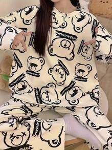 AICJ 2pcs Women's Cartoon Bear Print Casual Pajama Set, Long Sleeve Round Neck Top And Long Pants, Comfortable Loose Fit, Suitable For Spring, Autumn, Winter House Wear,Two Pieces Set