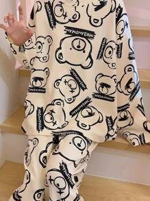 AICJ 2pcs Women's Cartoon Bear Print Casual Pajama Set, Long Sleeve Round Neck Top And Long Pants, Comfortable Loose Fit, Suitable For Spring, Autumn, Winter House Wear,Two Pieces Set