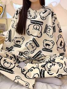 AICJ 2pcs Women's Cartoon Bear Print Casual Pajama Set, Long Sleeve Round Neck Top And Long Pants, Comfortable Loose Fit, Suitable For Spring, Autumn, Winter House Wear,Two Pieces Set