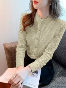 Ladies' Stand Up Collar Single Breasted Long Sleeved Patchwork Lace Elegant Shirt - Khaki - View 3