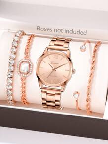 JasonRolls 5Pcs/Set, Women's Watch, Fashionable Luxury Business Gold Women's Steel Strap Watch, Alloy Material, Alloy Bracelet Set, Daily Wear Matching, Watch Bracelet Set, Gift For Women